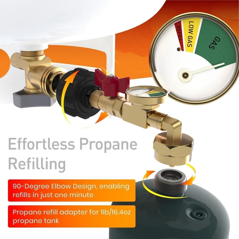 NUPICK Propane Refill Adapter for 1 LB. Tanks, Propane Adapter 20lb to 1lb Converter with Gauge and Valve, Propane Tank Refill Adapter with 90-Degree Elbow Design, Come with Bottle Cap - Image 4